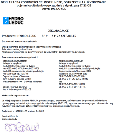 Akumulator hydrauliczny pęcherzowy Hydro Leduc (objętość azotu: 48,5 l/dm³, maksymalne ciśnienie: 330 bar) 01538871