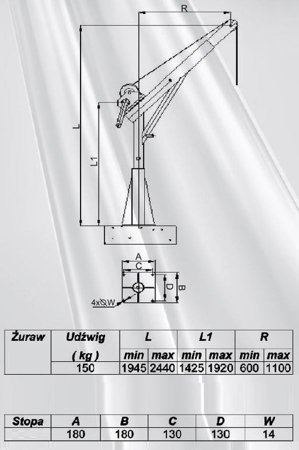 Żuraw ze stopą i wciągarką ręczną z liną 12m (udźwig: 150 kg, wysokość podnoszenia: 1945-2440 mm) 53368253