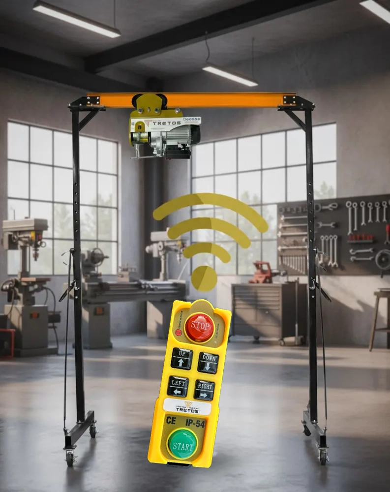 Suwnica bramowa z wciągarką bezprzewodową i wózkiem – 1000 kg, 2300 mm, 2500–3600 mm 82214 Suwnica_pilot_tlo