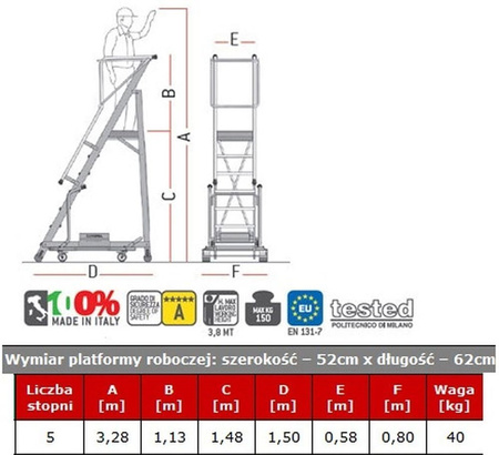 Drabina magazynowa 5 stopniowa FARAONE (wysokość robocza: 3,28m) 99675069