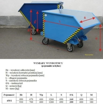 Pojemnik uchylny 450 litrów na kołach Ø 160, wersja standard na kołach metalowo-gumowych Ø 160 mm bez sita ociekowego i zaworu 16083216