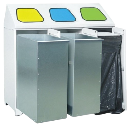 Metalowy pojemnik na odpady 3-komorowy, 2 kosze metalowe, 1 obejma do worków (wymiary: 1072x1065x450 mm) 00853981