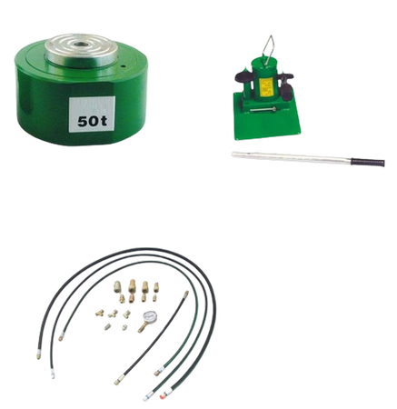 Zestaw: siłownik hydrauliczny, pompa hydrauliczna dwustopniowa, przewód wysokociśnieniowy 1m, szybkozłącze 1/4 ’’ między siłownikiem a przewodem, manometr (w stanie złożonym:122 mm, skok tłoków: 46 mm, udźwig: 50 T) 62781557