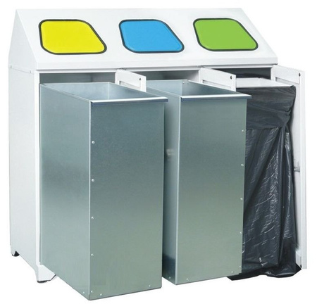 Metalowy pojemnik na odpady 3-komorowy, 2 kosze metalowe, 1 obejma do worków (wymiary: 1072x1065x450 mm) 00853981