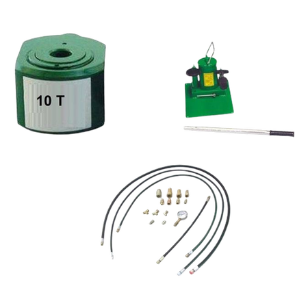 Zestaw: siłownik hydrauliczny, pompa hydrauliczna dwustopniowa, przewód wysokociśnieniowy 1m, szybkozłącze 1/4 ’’ między siłownikiem a przewodem, manometr (w stanie złożonym:100 mm, skok tłoków: 100 mm, udźwig: 10T) 62779533