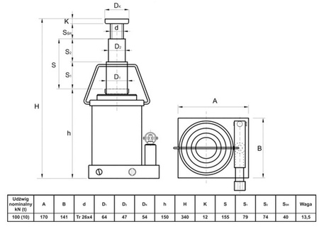 Podnośnik hydrauliczny teleskopowy - niski (wysokość podnoszenia min/max: 150/340mm, udźwig: 10T) 62776165