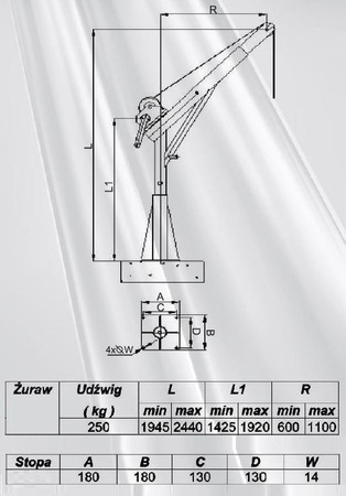 Żuraw ze stopą i wciągarką ręczną z liną 12m (udźwig: 250 kg, wysokość podnoszenia: 1945-2440 mm) 53368257