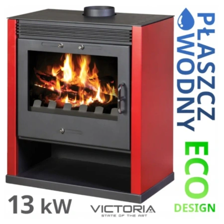 Piec piecyk kominek na drewno 13kW z płaszczem wodnym (kolor: czerwony) - spełnia anty-smogowy EkoProjekt 48283341