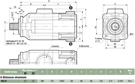 Pompa hydrauliczna tłoczkowa dwustrumieniowa Hydro Leduc (objętość robocza: 57+57cm³, prędkość obrotowa: 1350 min-1 /obr/min) 01539133