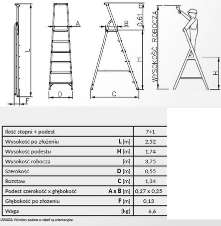 Drabina wolnostojąca Drabex 8 stopniowa z półką i haczykiem (wysokość robocza: 3,75m) 99674667