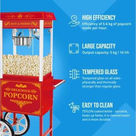 Maszyna do popcornu z wózkiem, czerwona Royal Catering (moc: 1500W, wydajność: 5 kg/h) 45670649