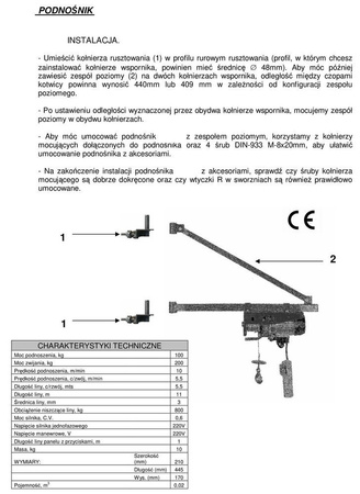 DESDEA Wciągarka elektryczna linowa budowlana 100kg/15m + sterowanie ręczne 1,5m - do wyboru ramię, maszt, podpory, uchwyt rusztowania (udźwig: 100 kg) 08179949