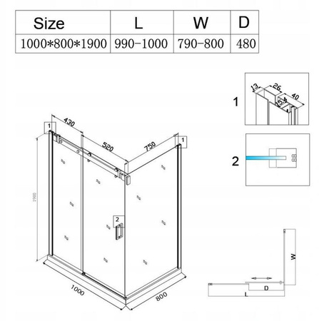 Kabina prysznicowa czarna 100x80 szkło 8mm 23178201
