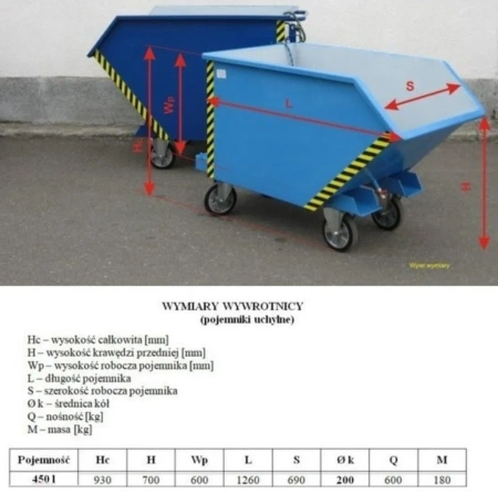 Pojemnik uchylny 450 litrów na kołach Ø 200, wersja na kołach aluminiowo-poliuretanowych Ø 200 mm z sitem i zaworem 16083223