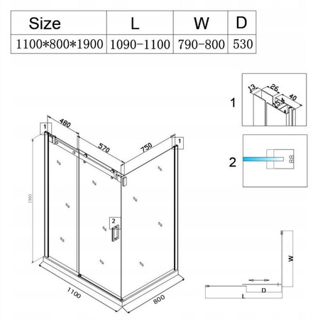 Kabina prysznicowa 110x80 szkło 8mm czarna 23178212