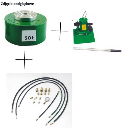 Zestaw: siłownik hydrauliczny, pompa hydrauliczna dwustopniowa, przewód wysokociśnieniowy 1m, szybkozłącze 1/4 ’’ między siłownikiem a przewodem, manometr (w stanie złożonym:122 mm, skok tłoków: 46 mm, udźwig: 50 T) 62781557