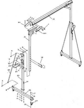  Suwnica bramowa mobilna 2000 kg – ręczna z wózkiem i wciągarką łańcuchową, wysokość 2400–3600 mm