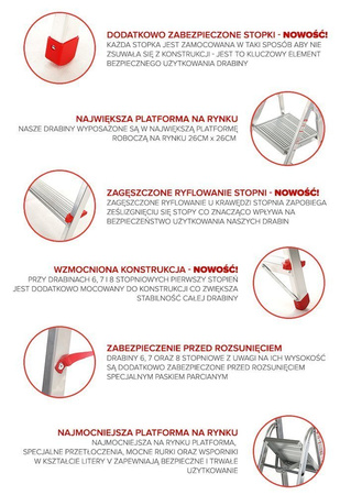 Drabina domowa 5 stopniowa, czerwona (wysokość robocza: 2,97m) 99674637
