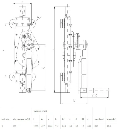 Podnośnik mechaniczny zębaty do kontenerów - wersja ścienna (udźwig: 5 T, skok: 850 mm) 22077079