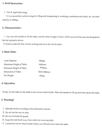 Wózek platformowy nożycowy GermanTech (udźwig: 300 kg, wymiary platformy: 950x600 mm, wysokość podnoszenia min/max: 450-1050 mm) 99724840
