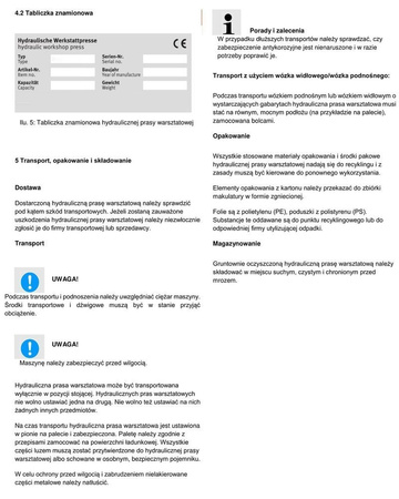 Hydrauliczna prasa warsztatowa wzmocniona z pompą ręczną lub pedałem Unicraft (siła nacisku: 50 t) 32269562