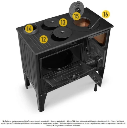 Kuchnia węglowa emaliowana z piekarnikiem 8,7-10,7kW – kolor czarny – średnica wylotu spalin 130 mm 99682164