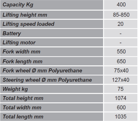Wózek paletowy/platformowy podnośnikowy GermanTech (max wysokość: 85-850 mm, udźwig: 400 kg, długość wideł: 650 mm) 99724816
