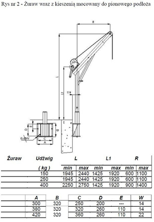 Żuraw ze stopą i wciągarką ręczną z liną 12m (udźwig: 250 kg, wysokość podnoszenia: 1945-2440 mm) 53368257