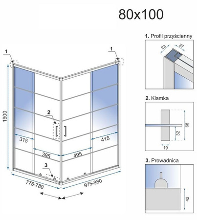 Kabina bez brodzika 800x1000x1900 szkło transparent 23179719