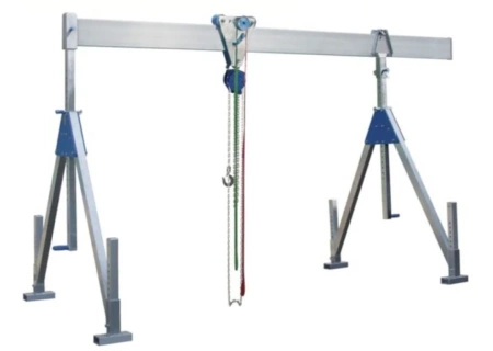 Suwnica bramowa aluminiowa konstrukcja składana - ruchoma, na kołach, w zestawie wraz z wózkiem towarowym (udźwig: 1500 kg, wysokość robocza: 2893-4193mm, długość belki całkowita: 5100mm) 99953740