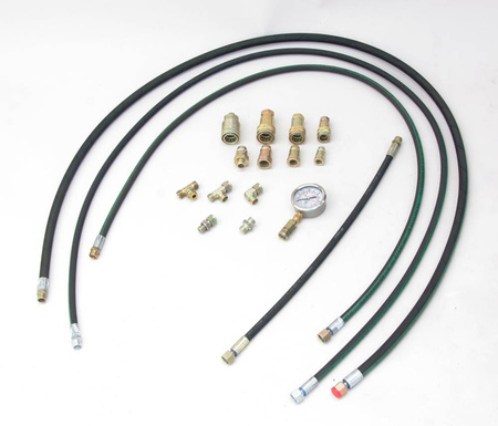 Zestaw: siłownik hydrauliczny, pompa hydrauliczna dwustopniowa, przewód wysokociśnieniowy 1m, szybkozłącze 1/4 ’’ między siłownikiem a przewodem, manometr (w stanie złożonym:122 mm, skok tłoków: 46 mm, udźwig: 50 T) 62781557