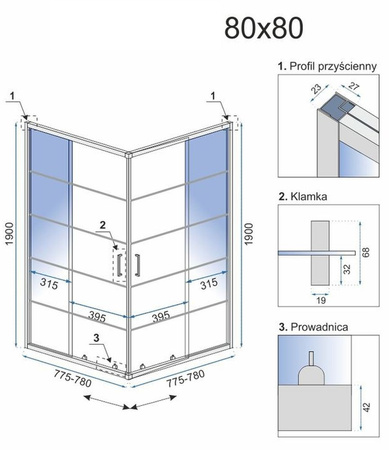 Kabina bez brodzika 800x800x1900 szkło transparent 23179720