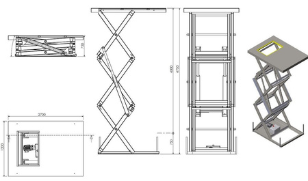Podnośnik, podest nożycowy (udźwig: 2000 kg, wymiary platformy: 2700x1200mm, wysokość podnoszenia min/max: 750-4750 mm, moc: 3kW) 01876702