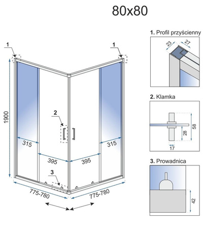 Kabina bez brodzika 800x800x1900 szkło transparent 23179721