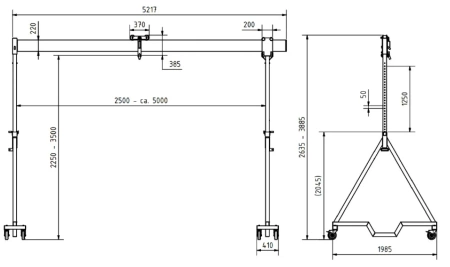 Suwnica bramowa aluminiowa konstrukcja składana - ruchoma, na kołach, w zestawie wraz z wózkiem towarowym (udźwig: 1000 kg, wysokość robocza: 2250-3500mm, długość belki całkowita: 5270mm) 99977425