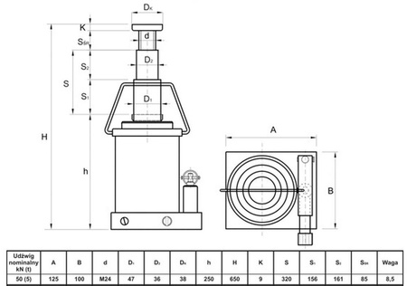 Podnośnik hydrauliczny teleskopowy - wysoki (wysokość podnoszenia min/max: 250/650mm, udźwig: 5T) 62776163