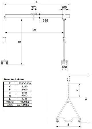 Suwnica aluminiowa składana z kołami, koła gumowe (udźwig: 1000 kg, szerokość, belka, 4,23m, wys. dla pracy wyciągarki: 2,23-3,50 m) 99977427