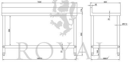 Stół roboczy ze stali nierdzewnej z kantem Royal Catering (wymiary: 60 x 150 x 96,4 cm) 4564355