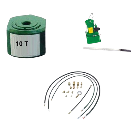 Zestaw: siłownik hydrauliczny, pompa hydrauliczna jednostopniowa, przewód wysokociśnieniowy 1m, szybkozłącze 1/4 ’’ między siłownikiem a przewodem, manometr (w stanie złożonym:100 mm, skok tłoków: 100 mm, udźwig: 10T) 62779537