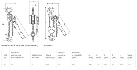 Wyciągarka łańcuchowa dźwigniowa (udźwig: 3 T, wysokość podnoszenia: 6m) 22081913