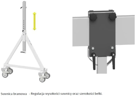 Suwnica bramowa aluminiowa konstrukcja składana - ruchoma, na kołach, w zestawie wraz z wózkiem towarowym (udźwig: 1000 kg, wysokość robocza: 2250-3500mm, długość belki całkowita: 5270mm) 99977425