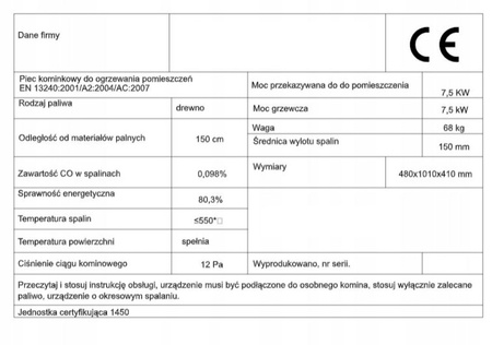 Piec wolnostojący stalowy 7,5kW na drewno (średnica wylotu spalin: 150mm) - spełnia anty-smogowy EkoProjekt 65882977