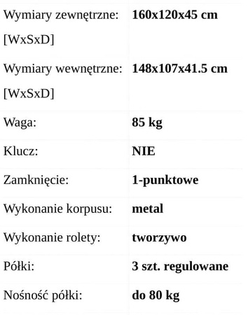 Box24 Szafa roletowa metalowa 3 półki - model używany (wymiary: 160x120x45 cm) 17678476