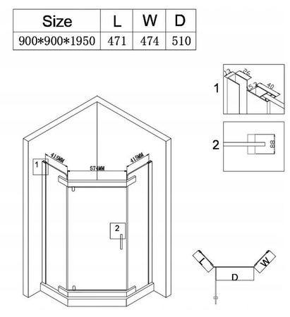 Kabina prysznicowa pięciokątna 90x90 brodzik 23178229