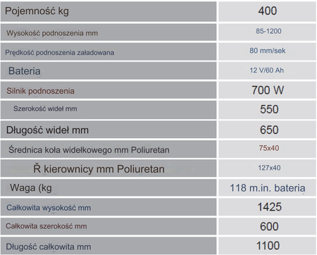 Wózek paletowy/platformowy podnośnikowy elektryczny GermanTech (max wysokość: 85-1200 mm, udźwig: 400 kg, długość wideł: 650 mm) 99724819