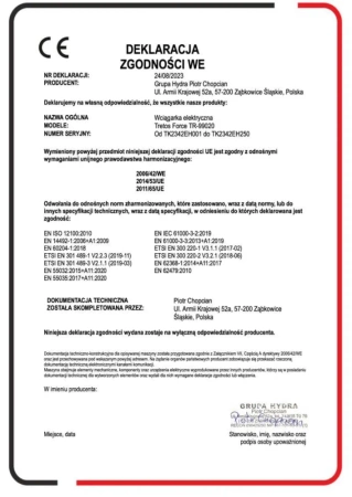 Wciągarka elektryczna linowa z wózkiem elektrycznym i pilotem bezprzewodowym TRETOS Force 500/990kg, 20m (TR-99020)