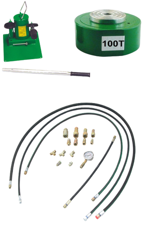 Zestaw: siłownik hydrauliczny, pompa hydrauliczna dwustopniow ręczna, przewód wysokociśnieniowy 1m, szybkozłącze 1/2 ’’ między siłownikiem a przewodem, manometr (w stanie złożonym:115 mm, skok tłoka: 20 mm, udźwig: 100T) 62778952