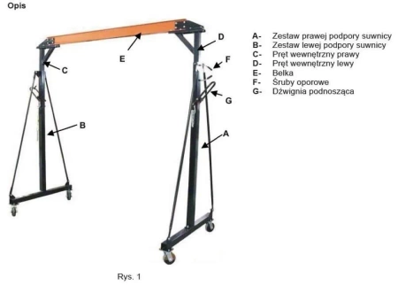  Suwnica bramowa mobilna 2000 kg – ręczna z wózkiem i wciągarką łańcuchową, wysokość 2400–3600 mm