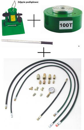 Zestaw: siłownik hydrauliczny, pompa hydrauliczna dwustopniow ręczna, przewód wysokociśnieniowy 1m, szybkozłącze 1/2 ’’ między siłownikiem a przewodem, manometr (w stanie złożonym:115 mm, skok tłoka: 20 mm, udźwig: 100T) 62778952
