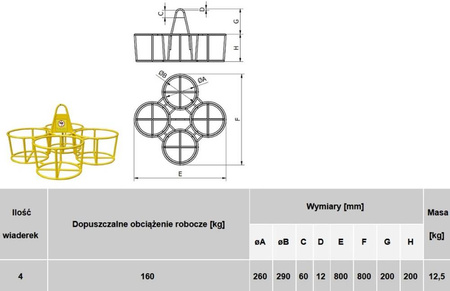 Kosz na wiadra, ilość wiaderek 4 (obciążenie robocze: 160 kg) 33981985
